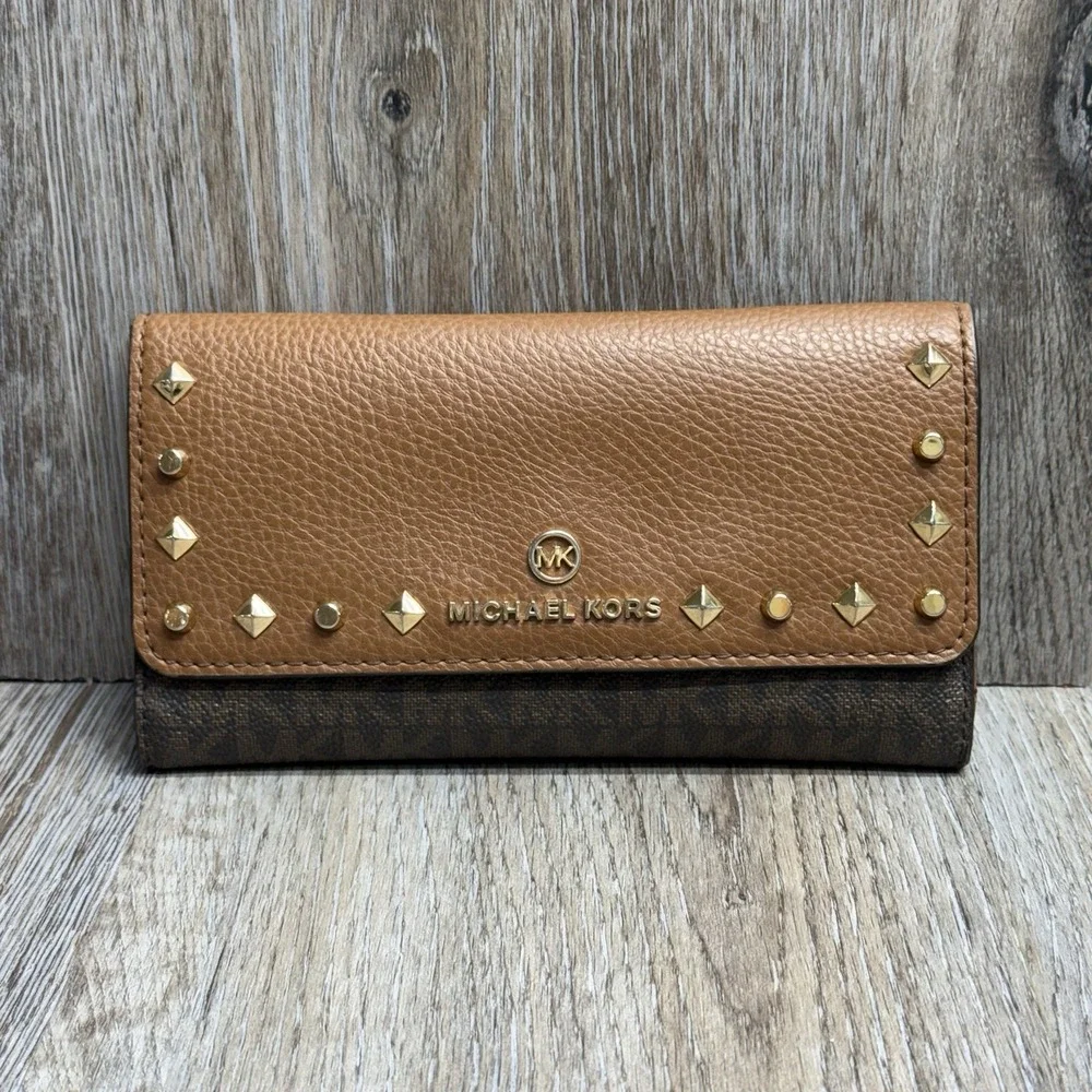 Michael Kors Karla Large Trifold Wallet Tan Studded Faux Leather Logo